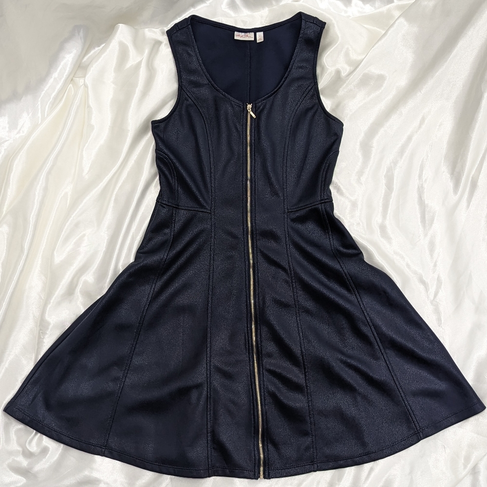 Large Navy Blue Fit/Flared Sleeveless Mini Dress w/Zipper & Animal Print Accent